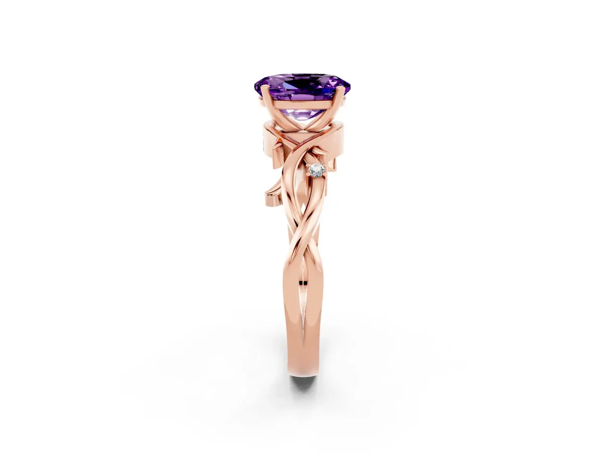 Oval Cut Amethyst Solitaire Ring with Twisted Band and Prong Setting Rose gold