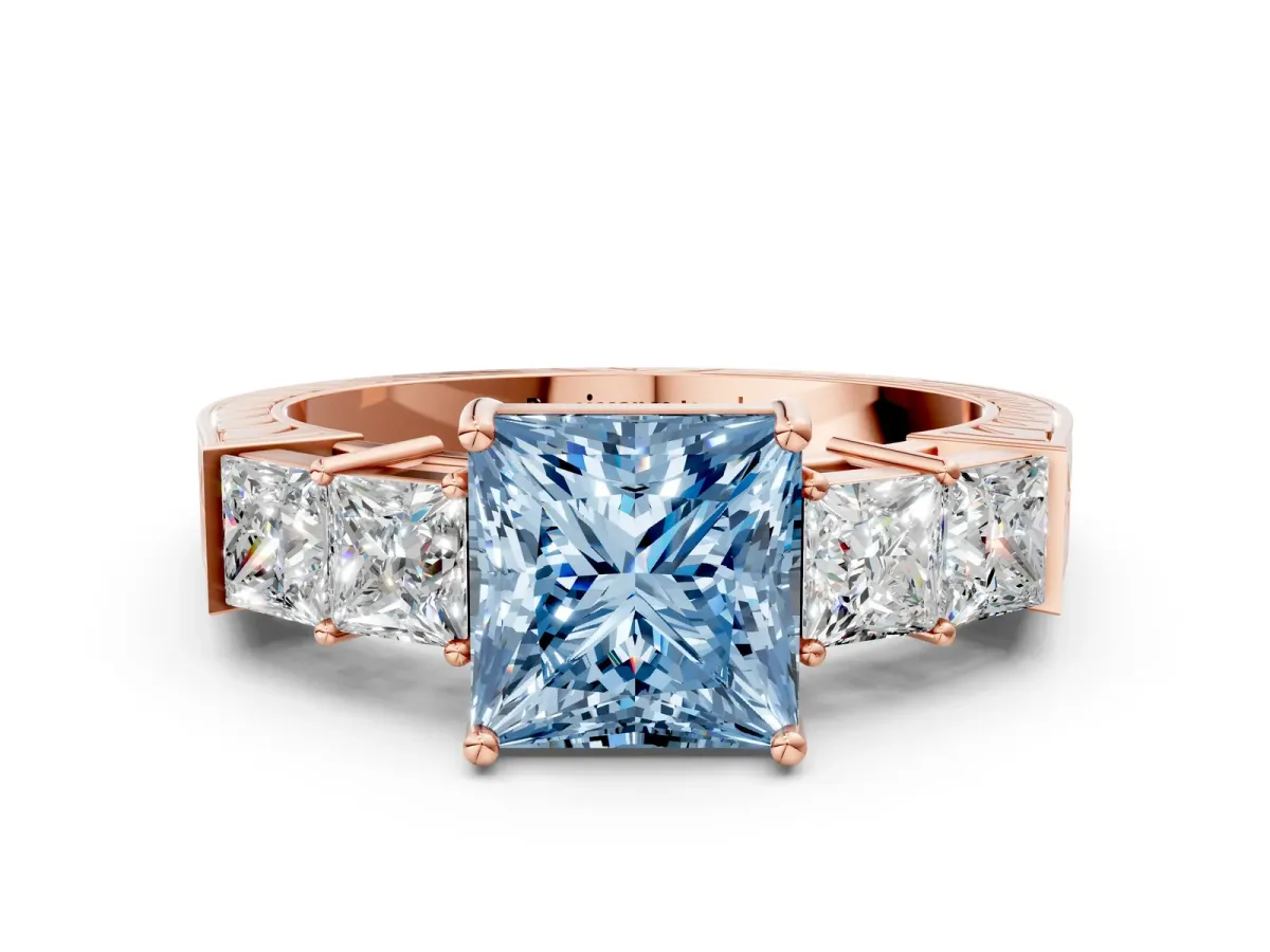 Fancy Blue Princess Cut Solitaire Princess Side Stone Engraved Band Prong Setting Ring Rose gold
