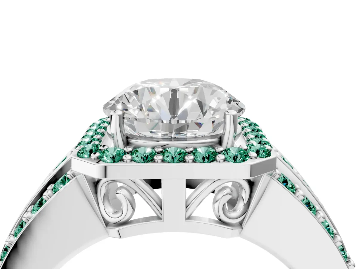 Round Cut Halo Diamond Ring with Round Green Sapphire Split Shank and Prong Setting Platinum