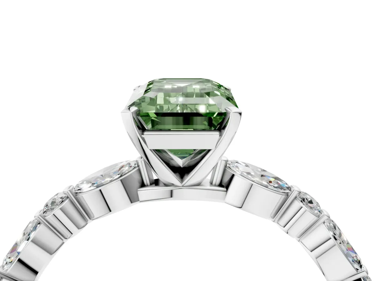 Fancy Green Emerald Cut Diamond Ring with Marquise and Round Side Stones and Four-Prong Setting Silver