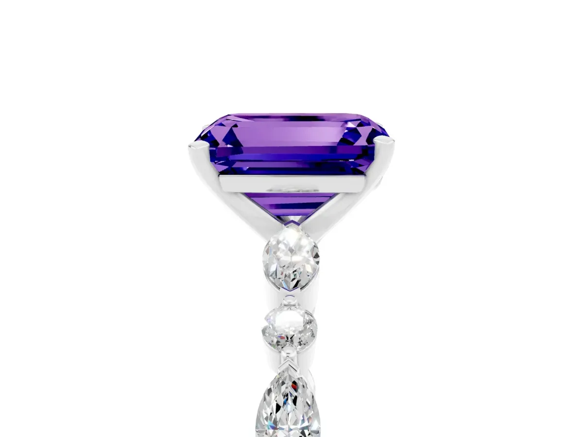 Emerald Cut Tanzanite Ring with Marquise and Round Side Stones and Four-Prong Setting Silver