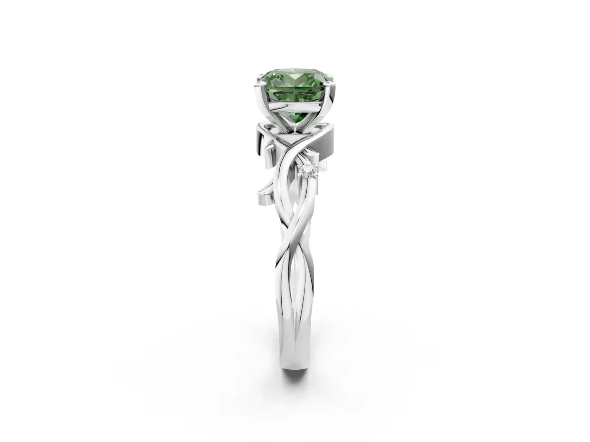 Fancy Green Cushion Cut Diamond Solitaire Ring with Twisted Band and Prong Setting Platinum