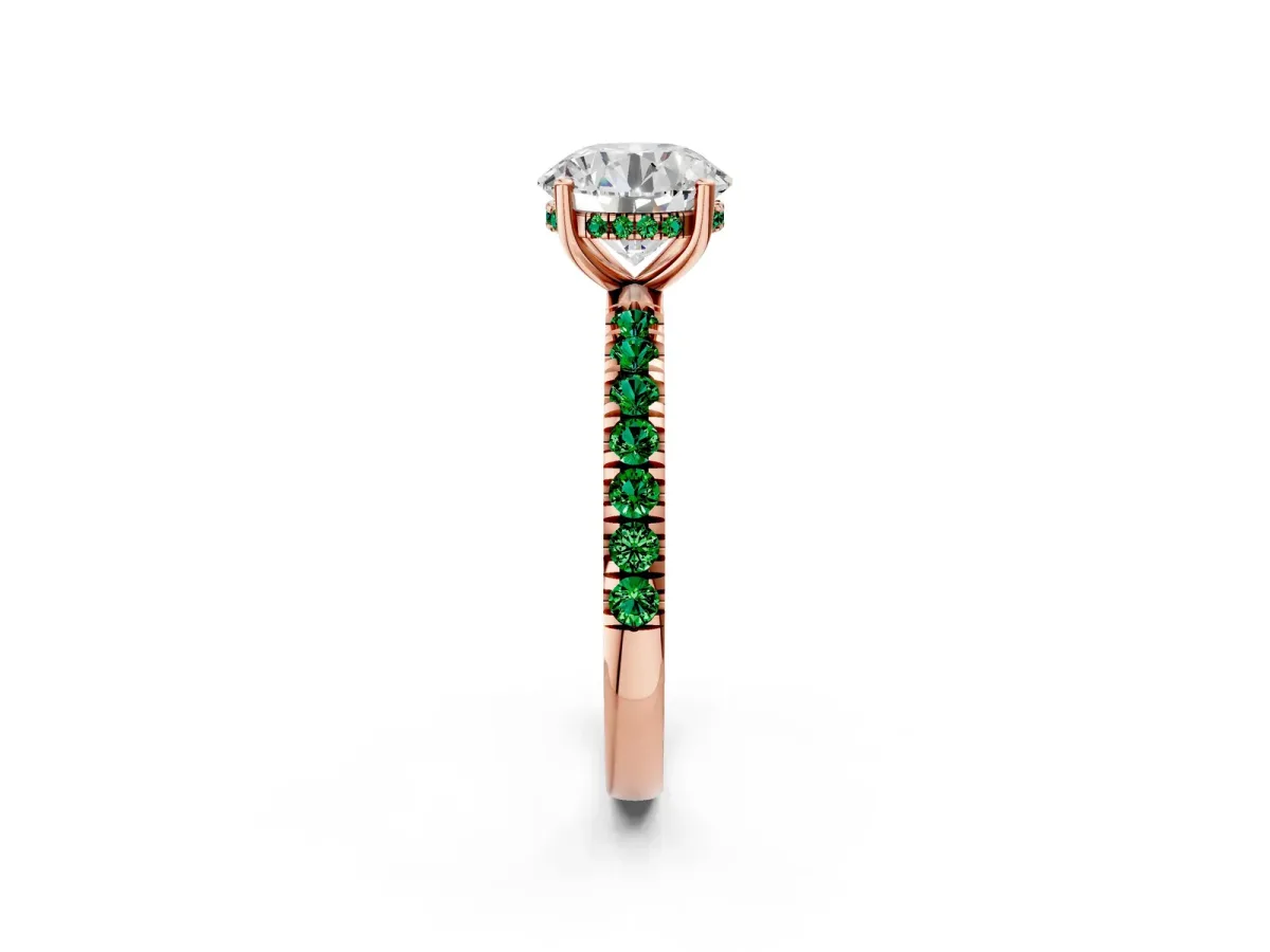 Round Cut Diamond Pave Band Solitaire Ring with Round Emerald and Prong Setting Rose gold