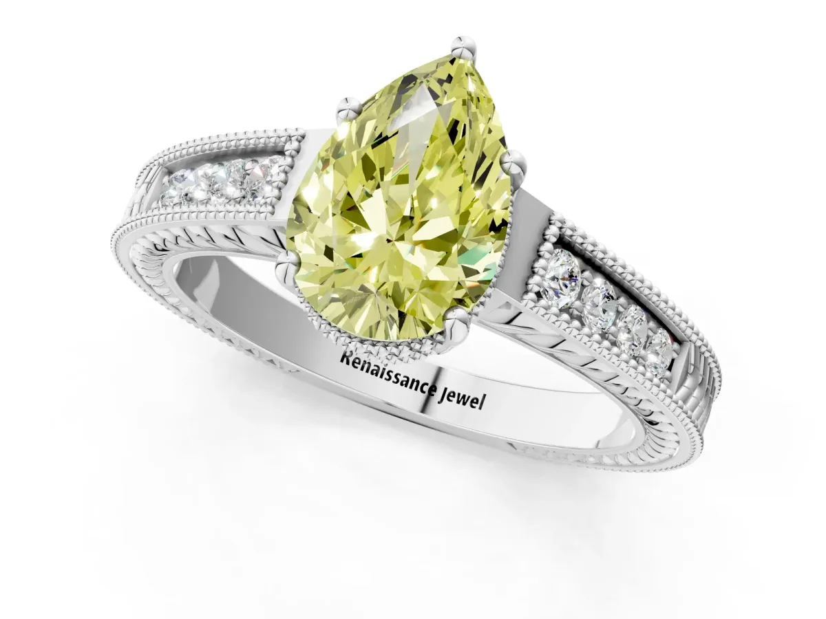 Fancy Yellow Pear Cut Diamond Ring with Milgrain Pavé Band and Four-Prong Setting Platinum