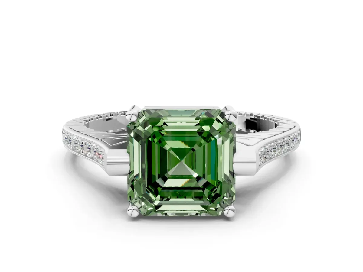 Fancy Green Asscher Cut Solitaire Diamond Ring with Channel Set Band and Bezel Prong Setting Platinum