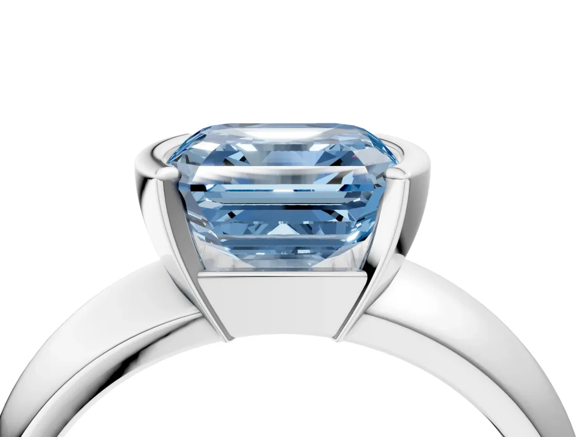 Fancy Blue Asscher Cut Solitaire Tension Set Diamond Ring with Wide Band Platinum