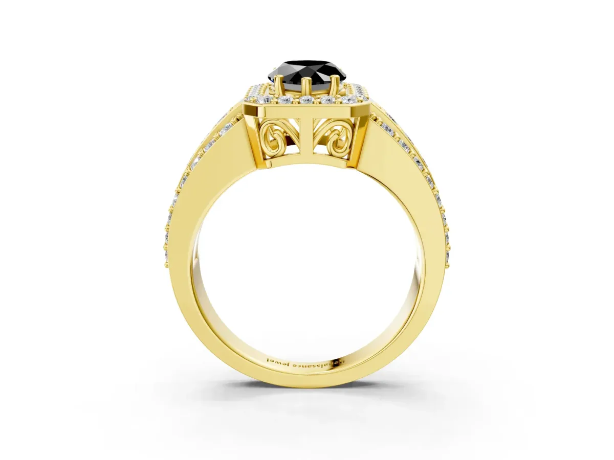 Fancy Black Pear Cut Halo Diamond Ring with Round Split Shank and Prong Setting Yellow gold