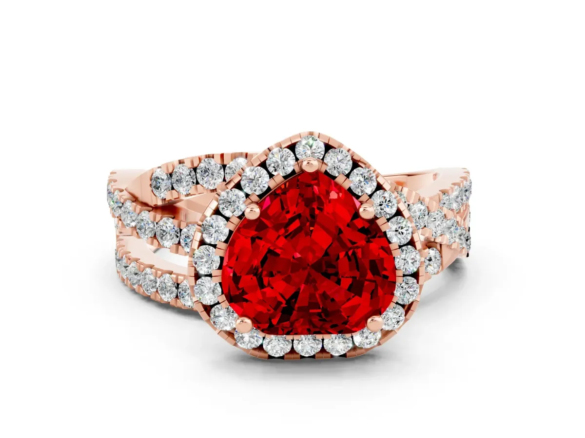 Heart Cut Ruby Halo Ring with Round Split Shank and Prong Setting Rose gold