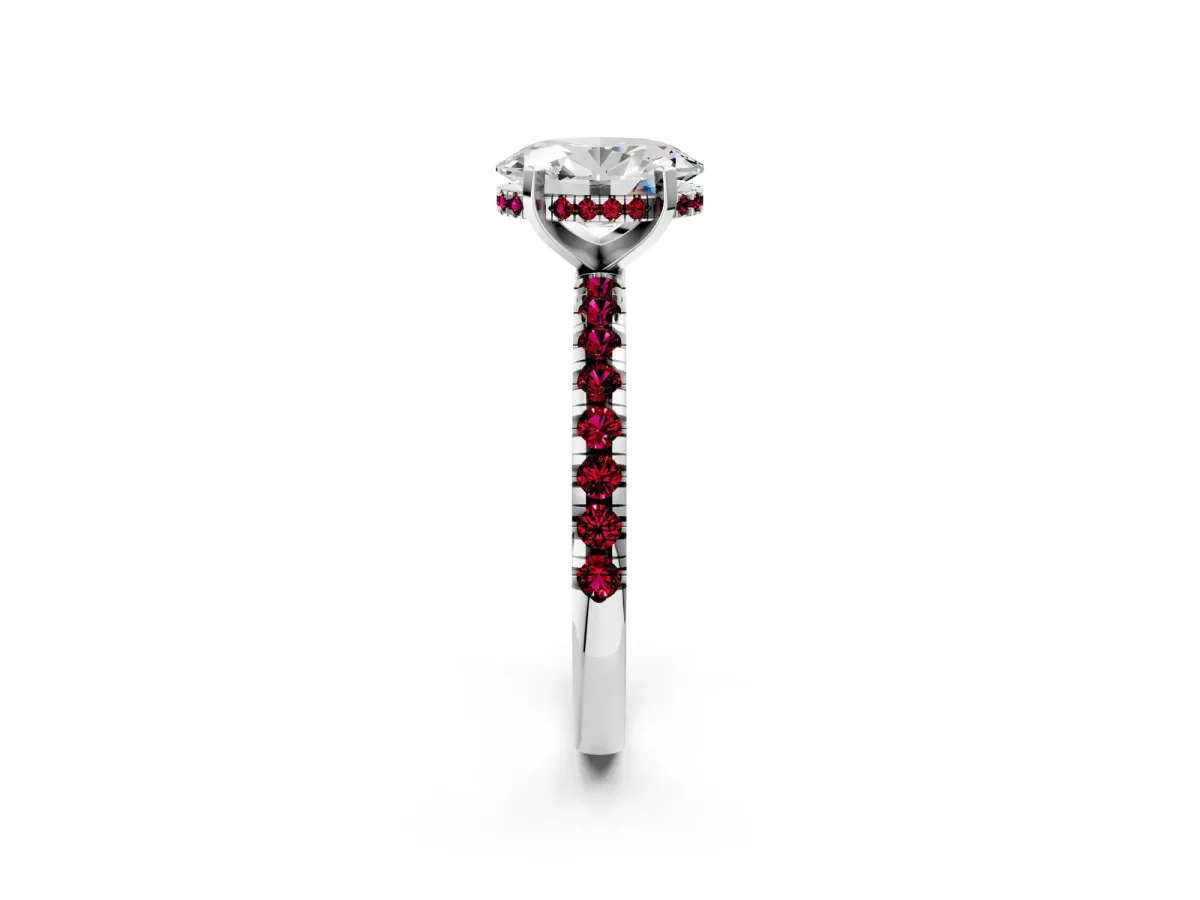 Oval Cut Diamond Solitaire Ring with Round Garnet Pavé Band and Four-Prong Setting Platinum
