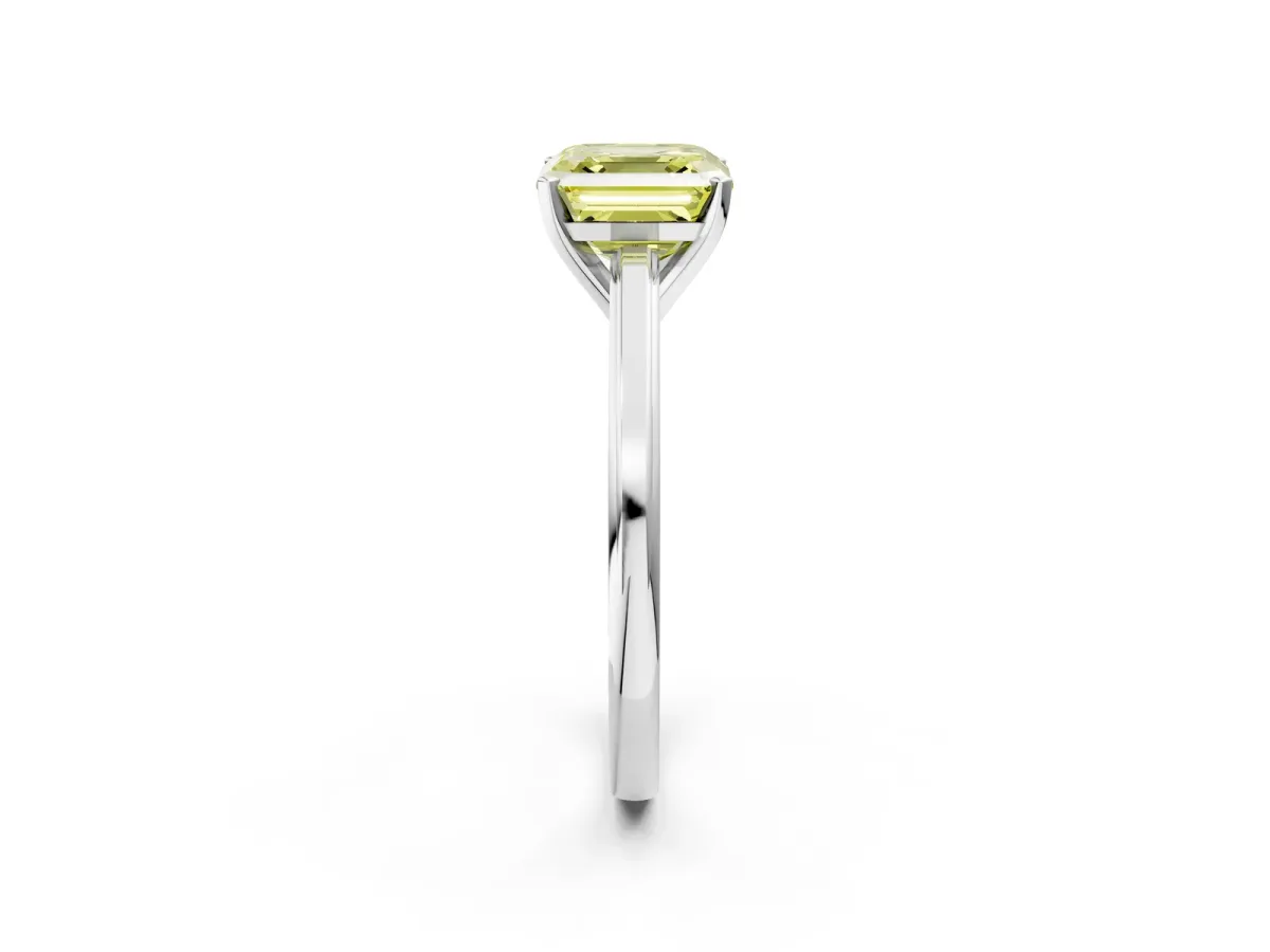 Fancy Yellow Asscher Cut Solitaire Diamond Ring with Four-Prong Setting and Classic Band Platinum