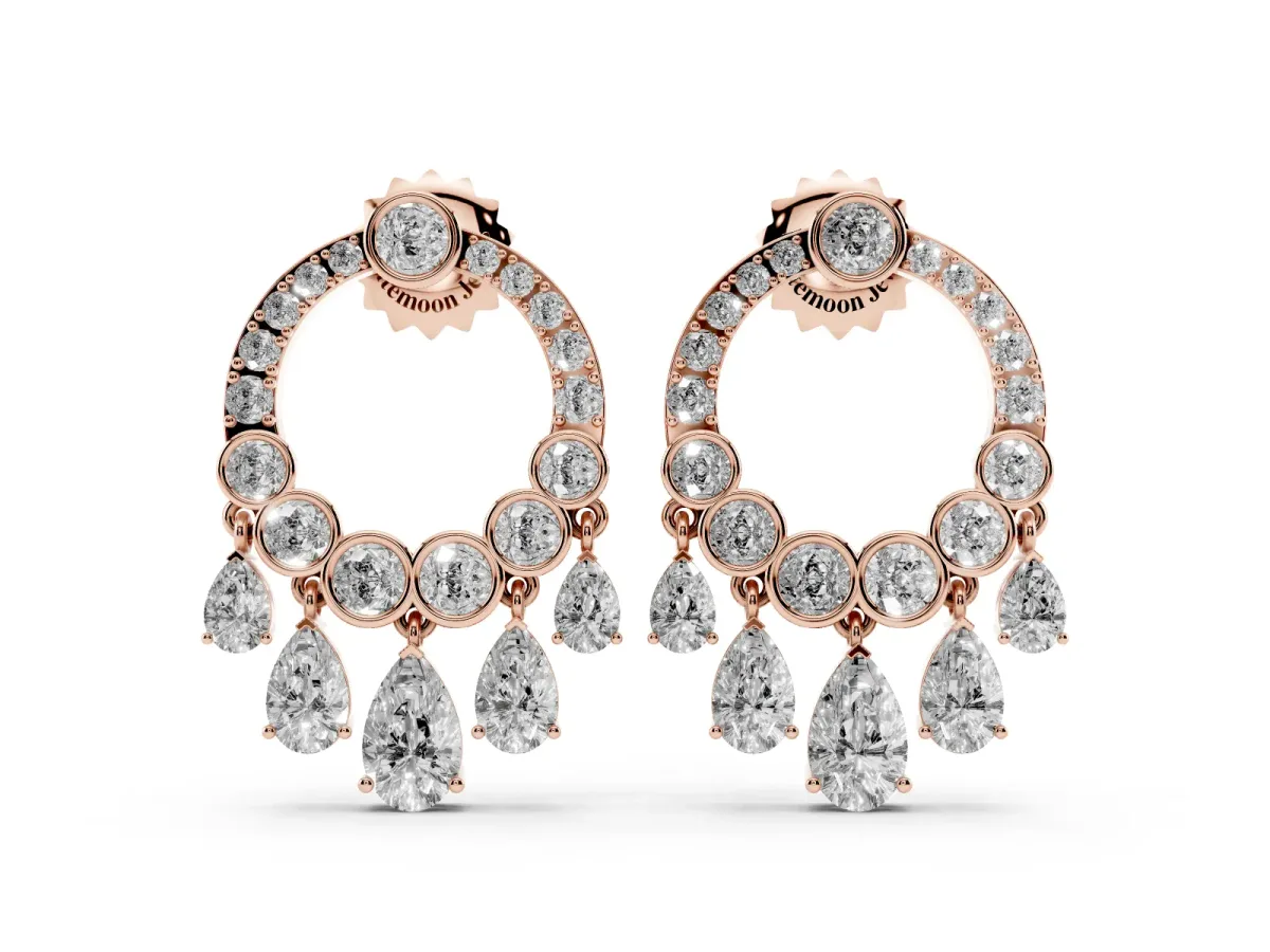 Round and Pear Diamond Dangle Earrings Rose gold