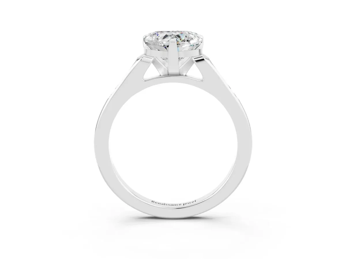 Heart Cut Moissanite Solitaire Ring with Channel Set Round Band and Prong Setting Silver