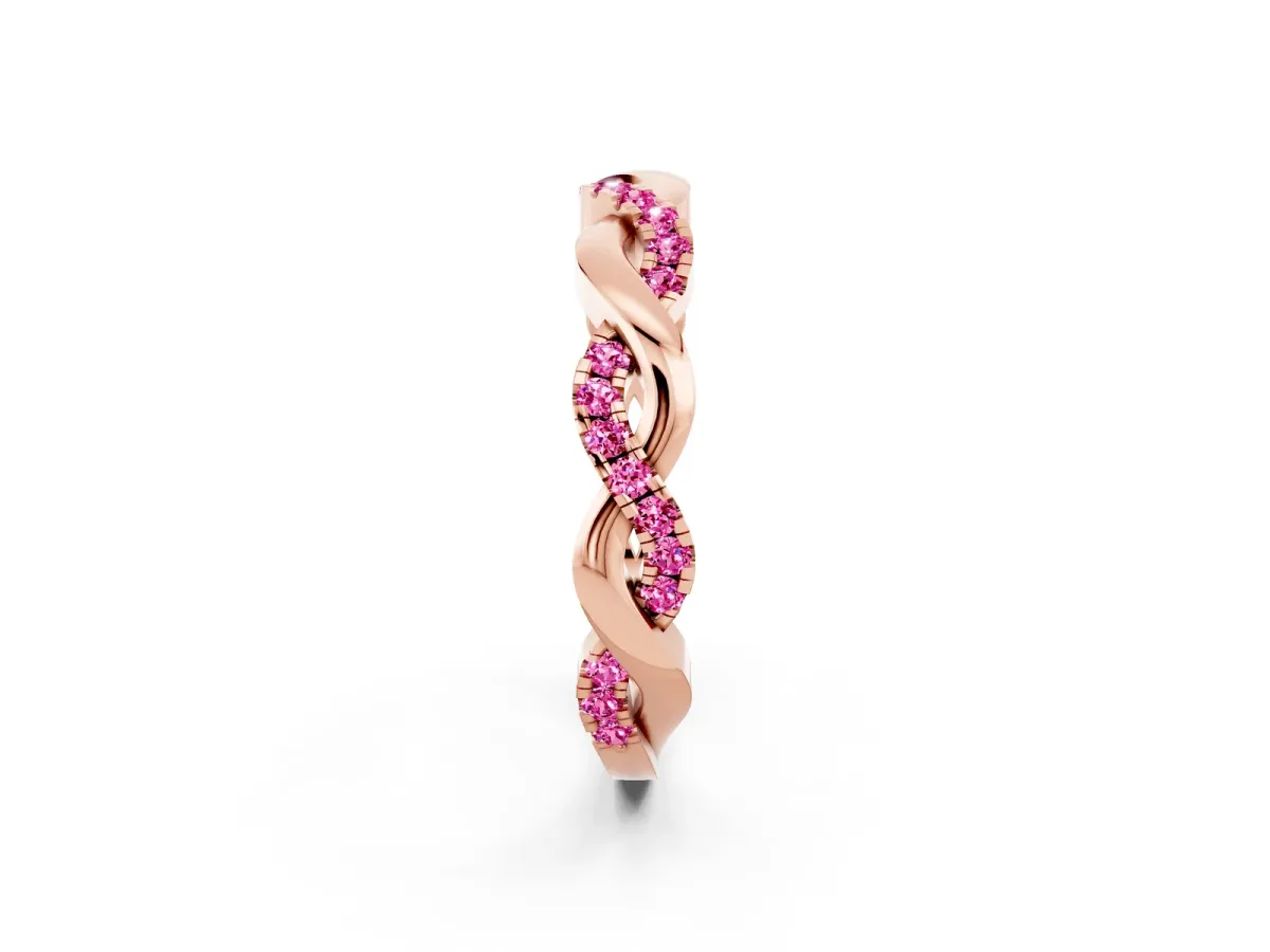 Pavé Round Pink Sapphire Twist Eternity Band with Shared Prong Setting Rose gold