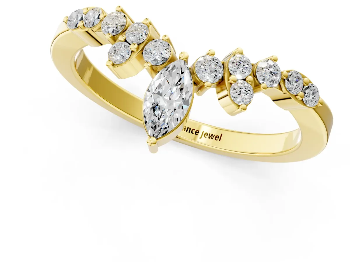 Marquise and Round Diamond Chevron Band with Prong Setting Yellow gold