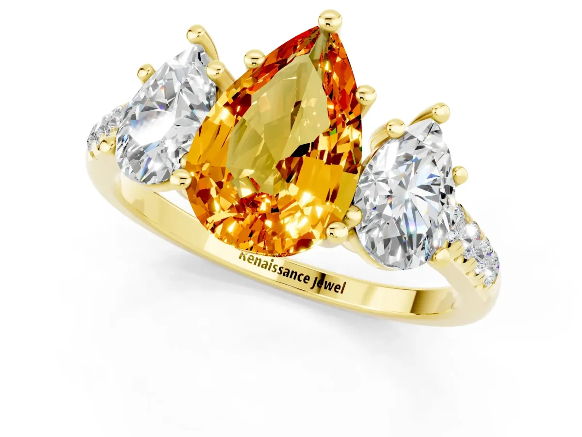 Three-Stone Pear Cut Citrine Ring with Round Pavé Band and Prong Setting Yellow gold