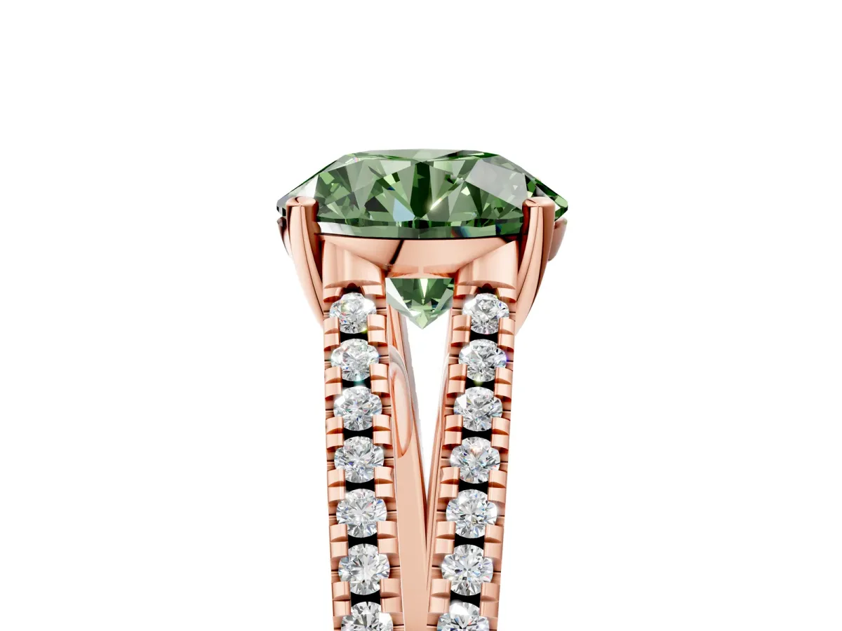 Fancy Green Round Cut Diamond Solitaire Engagement Ring with Split Shank Pavé Band Rose gold