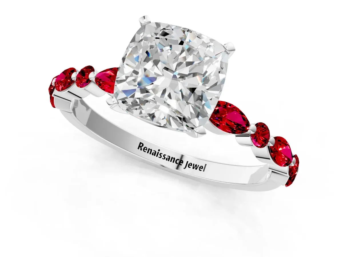 Cushion Cut Diamond Ring with Marquise and Round Ruby Side Stones and Four-Prong Setting White gold