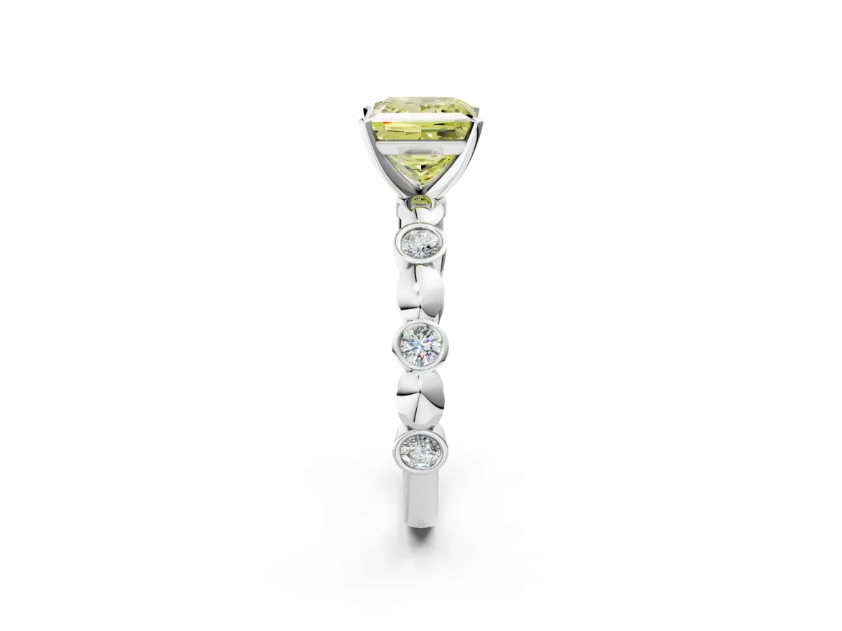 Fancy Yellow Princess Cut Solitaire Bezel-Set Diamond Ring with Beaded Band and Four-Prong Setting Silver