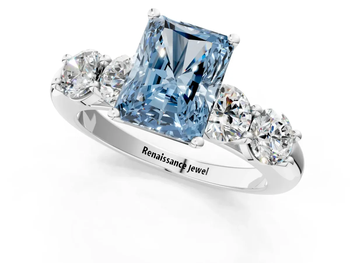 Fancy Blue Radiant Cut Cut Five-Stone Prong Set Diamond Ring with Classic Band Platinum