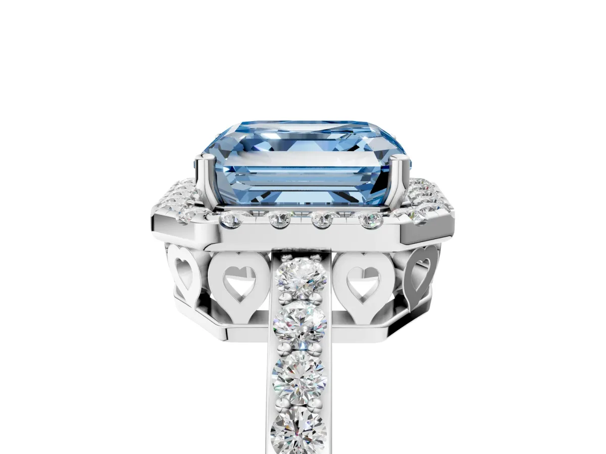 Fancy Blue Asscher Cut Halo Diamond Pavé Band Ring with Prong Setting Silver