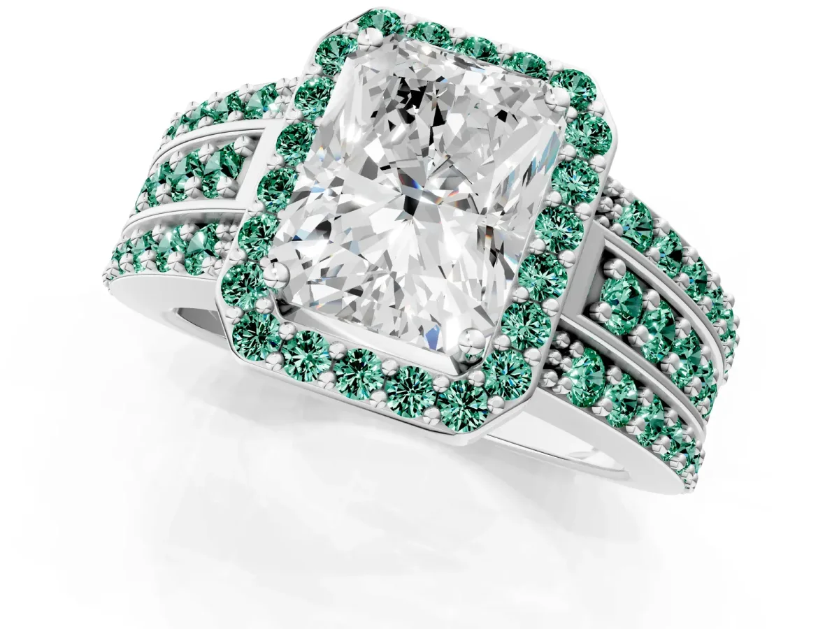 Radiant Cut Halo Diamond Ring with Round Green Sapphire Split Shank and Prong Setting Silver