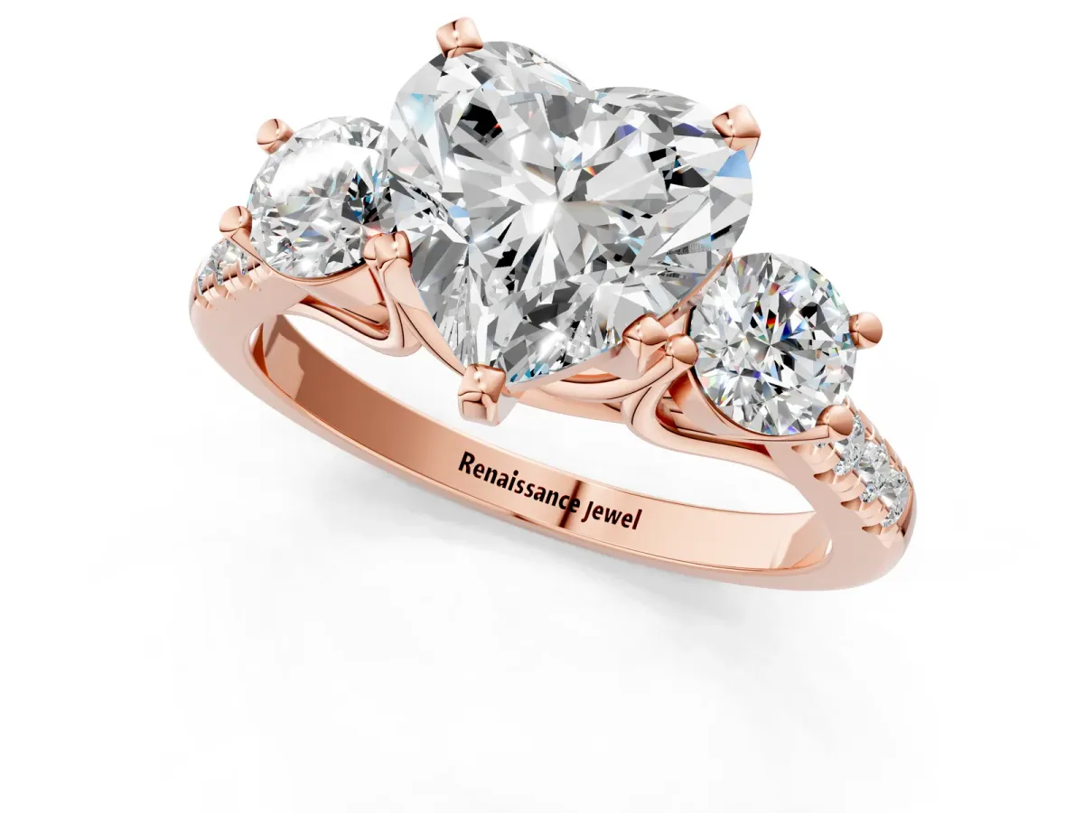 Three-Stone Heart Cut Diamond Pavé Band with Four-Prong Setting Rose gold
