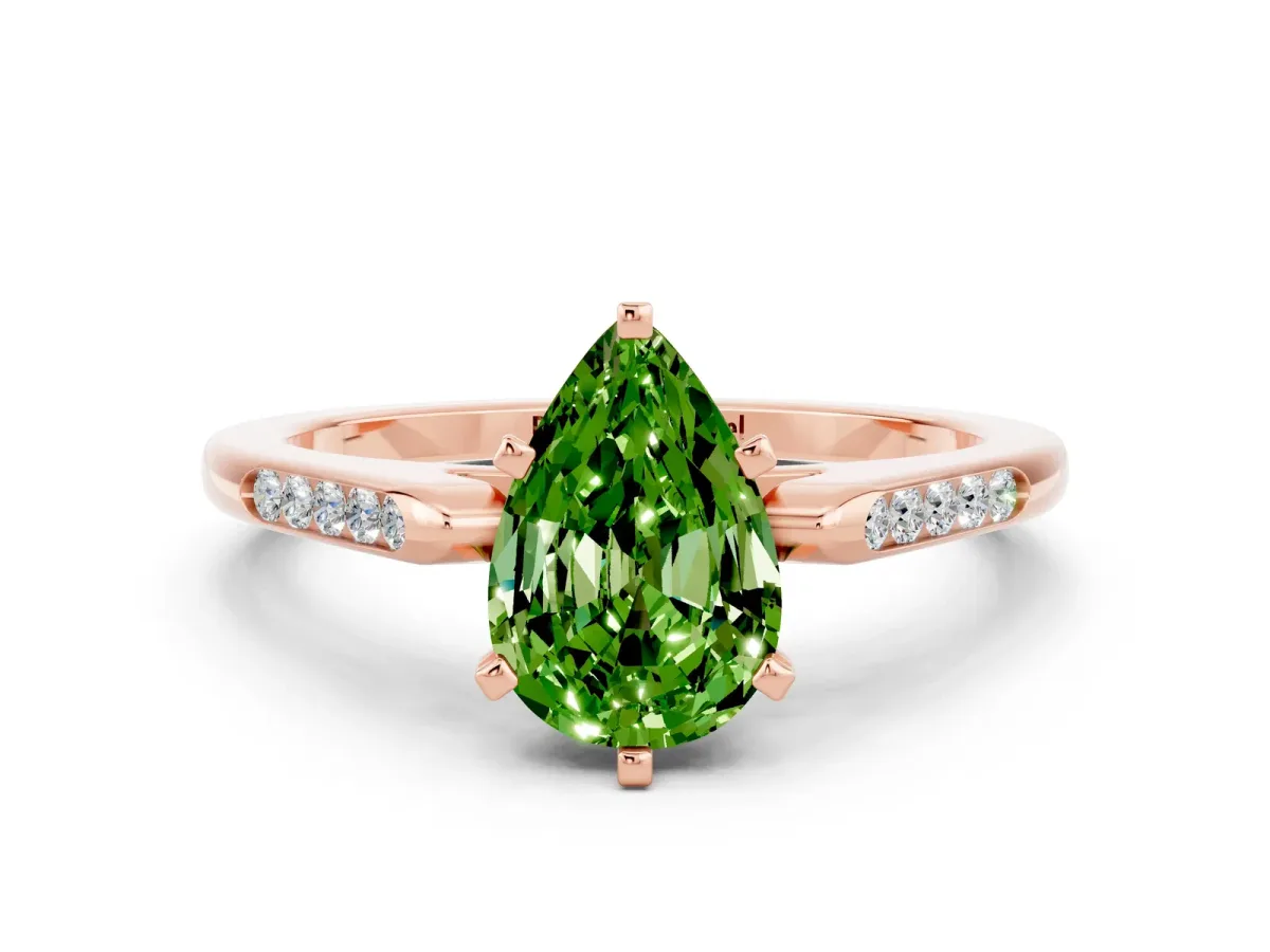 Pear Cut Peridot Solitaire Ring with Channel Set Round Band and Prong Setting Rose gold