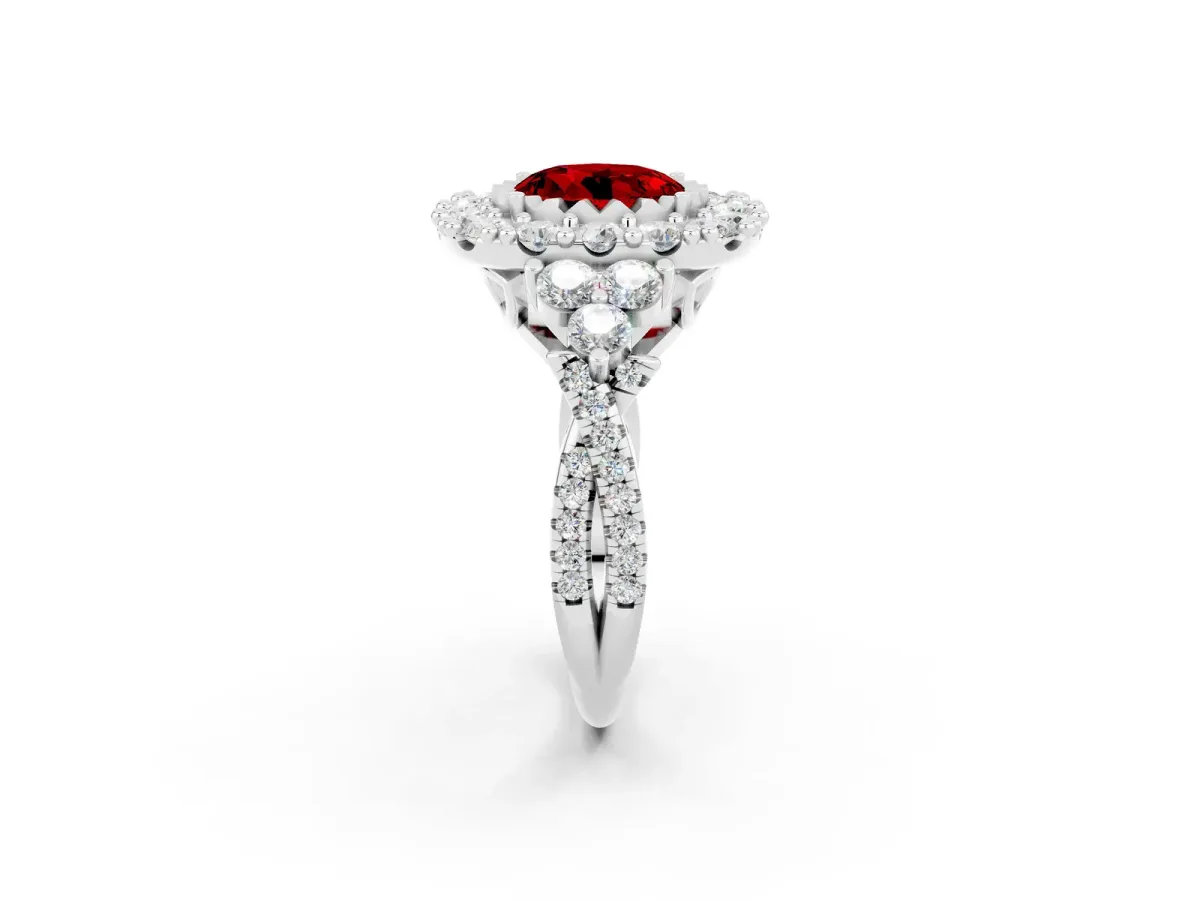 Round Cut Ruby Halo Ring with Pavé Band and Four-Prong Setting Silver