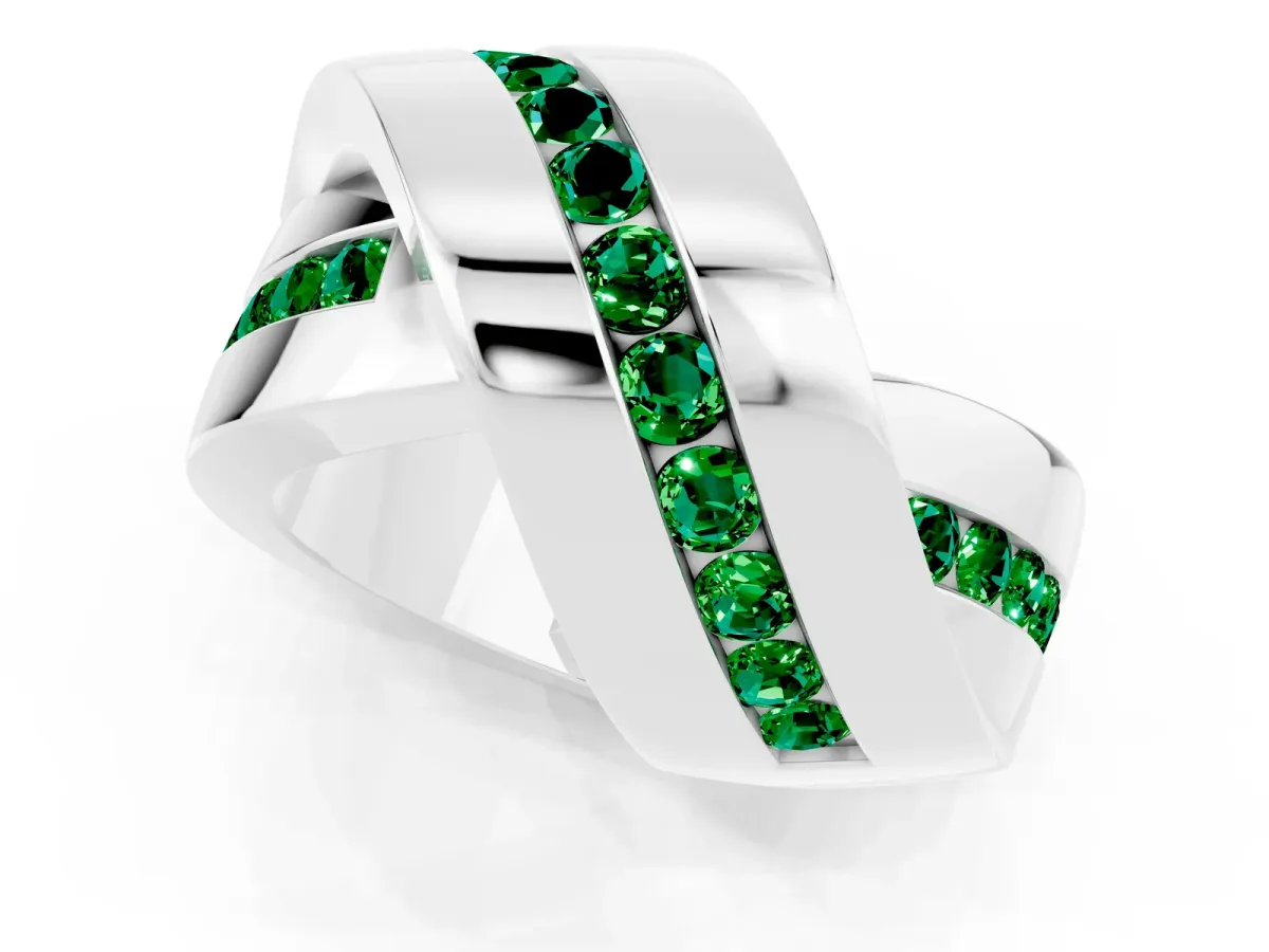 Pavé Round Emerald Crossover Band with Channel Setting White gold