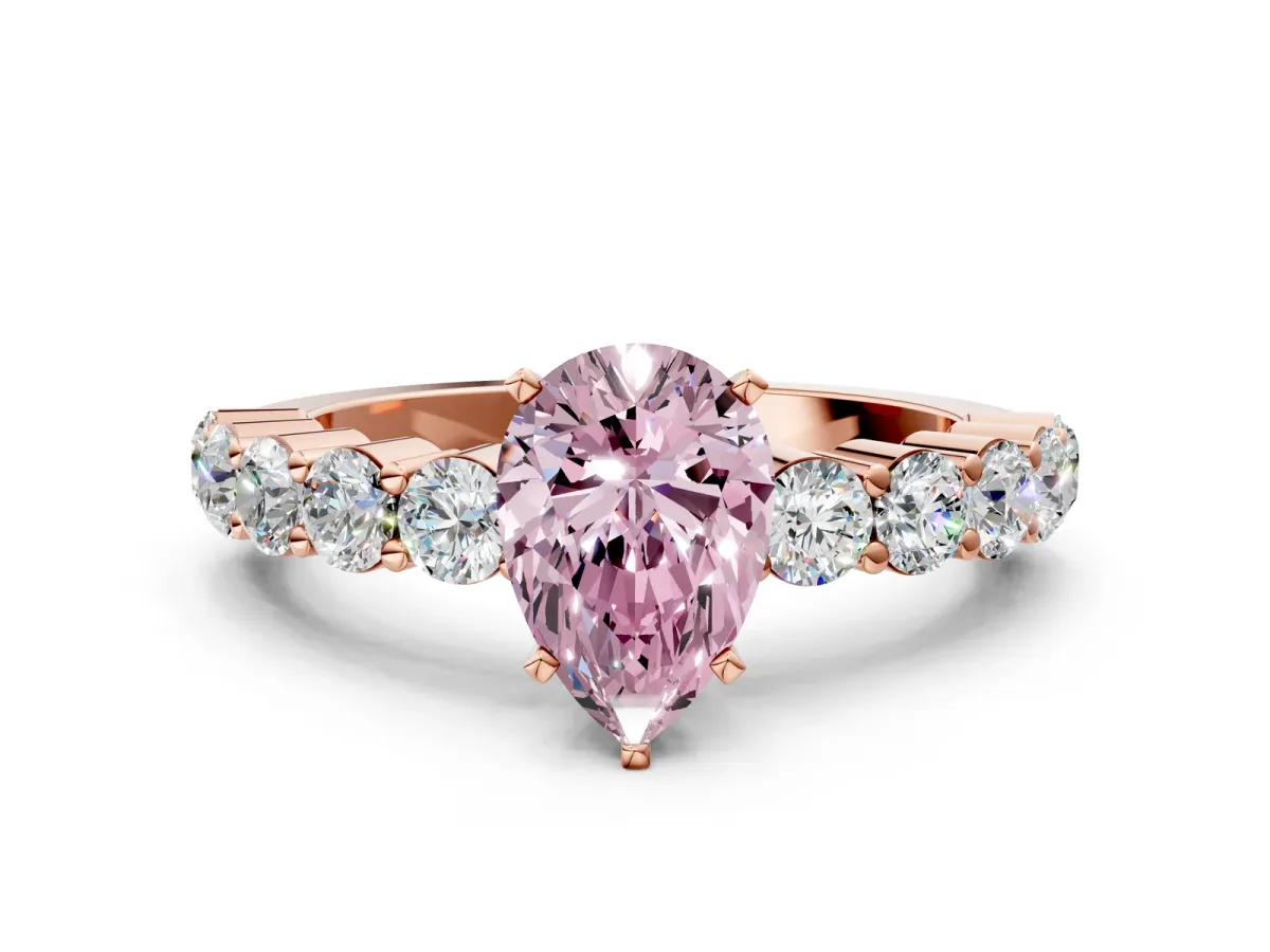 Fancy Pink Pear Cut Diamond Solitaire Ring with Shared Prong Round Side Stones Rose gold