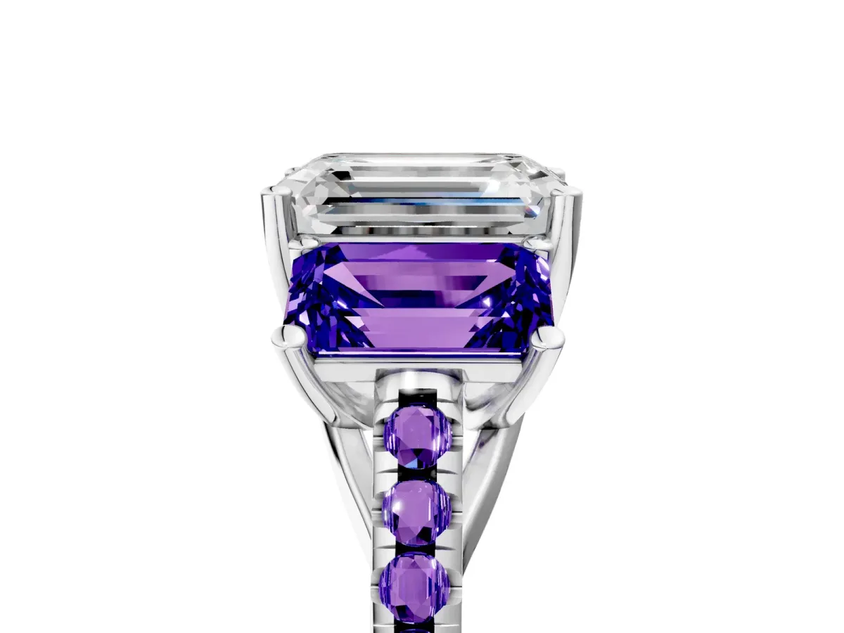 Three-Stone Emerald Cut Diamond Ring with Round Tanzanite Pavé Band and Prong Setting Silver