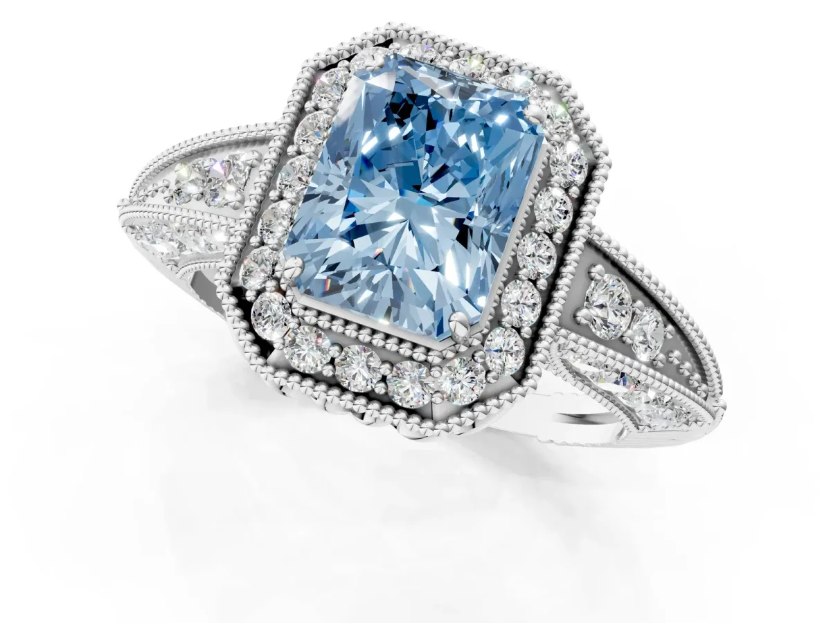Fancy Blue Radiant Cut Halo Diamond Split Shank Ring with Milgrain Detail Platinum
