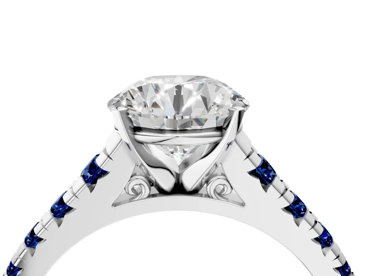Round Cut Diamond Cathedral Solitaire Ring with Round Blue Sapphire Pavé Band Silver