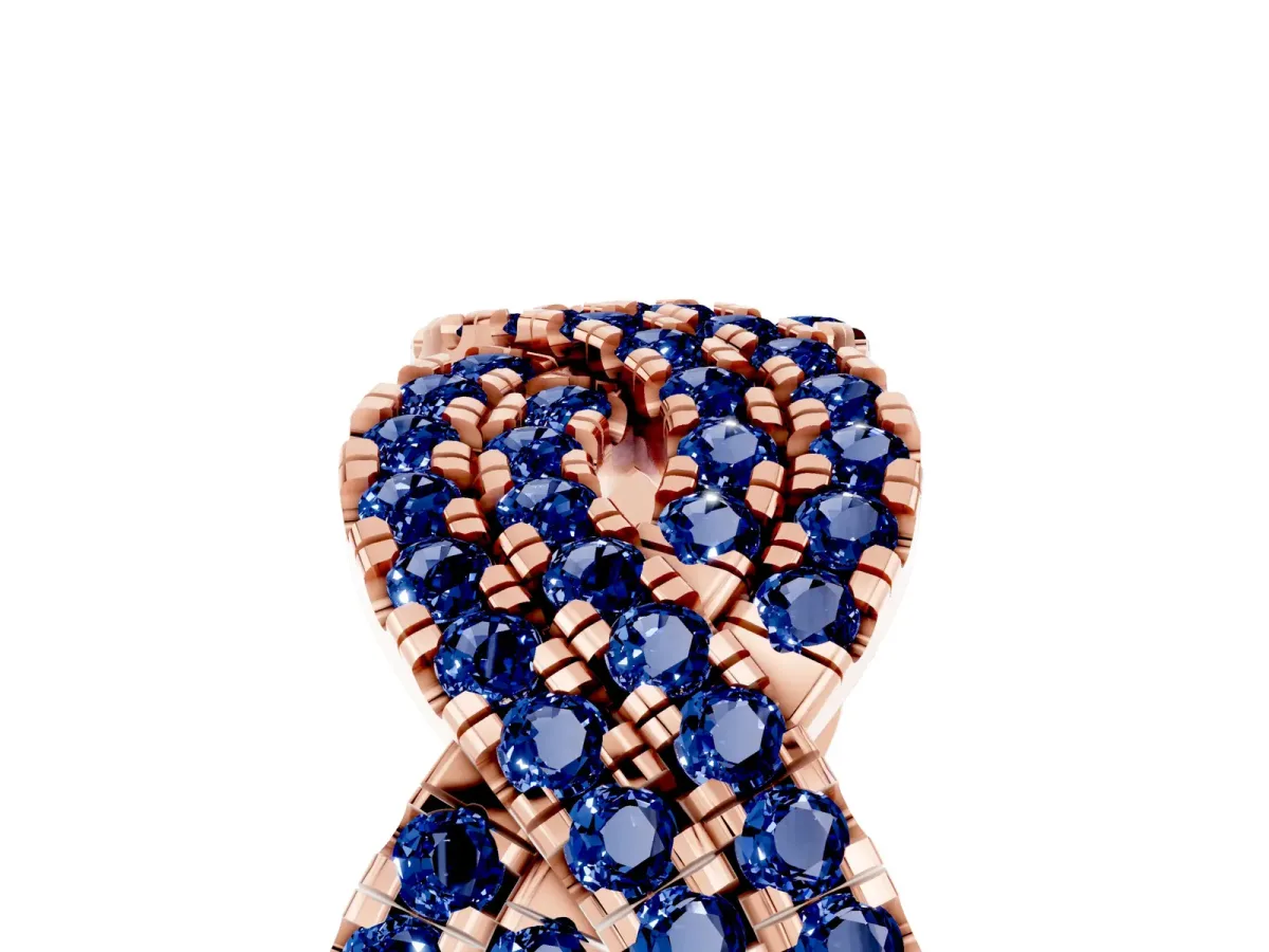 Pavé Round Blue Sapphire Infinity Twist Band with Shared Prong Setting Rose gold