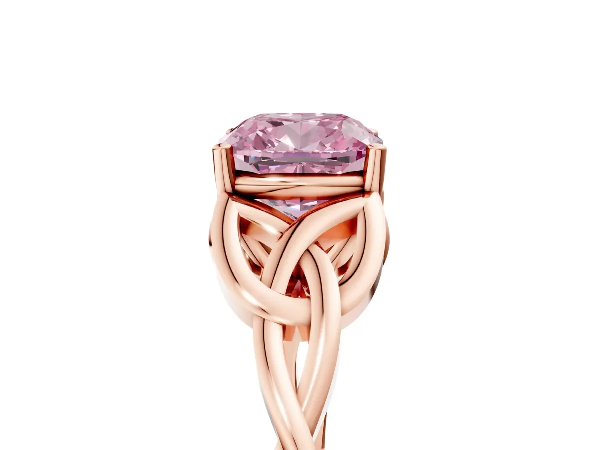 Fancy Pink Cushion Cut Diamond Solitaire Celtic Knot Ring with Four-Prong Setting Rose gold