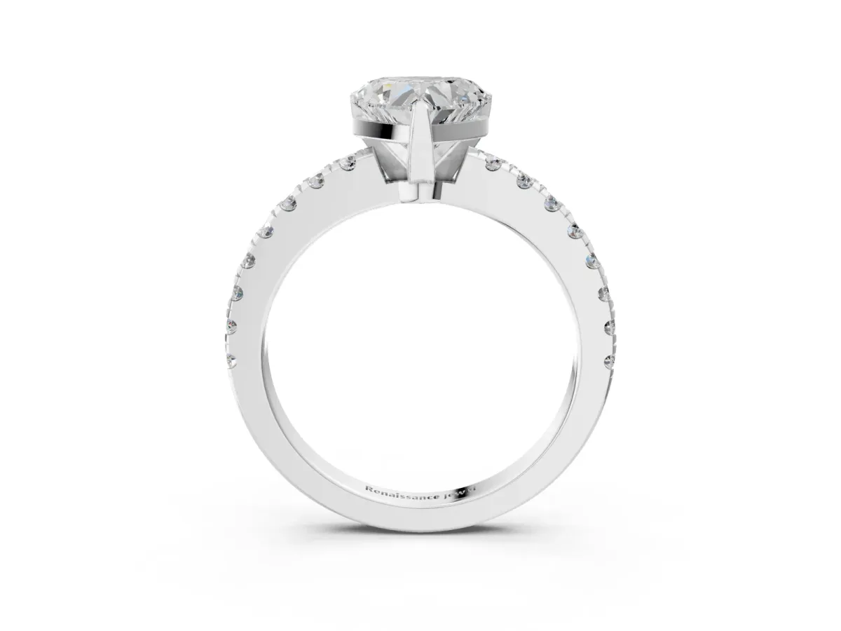 Heart Cut Solitaire Diamond with Pavé Band and Four-Prong Setting Silver