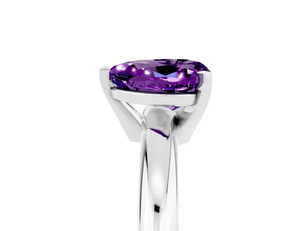 Heart Cut Amethyst Solitaire Engagement Ring with Round Band and Four-Prong Setting Silver