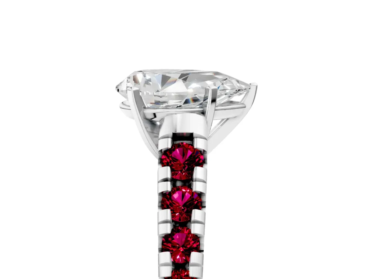 Pear Cut Diamond Cathedral Solitaire Ring with Round Garnet Pavé Band Silver