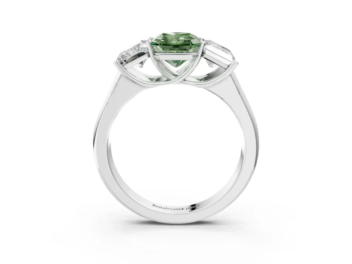 Fancy Green Radiant Cut Three-Stone Diamond Ring with Prong Setting on a Classic Band Platinum