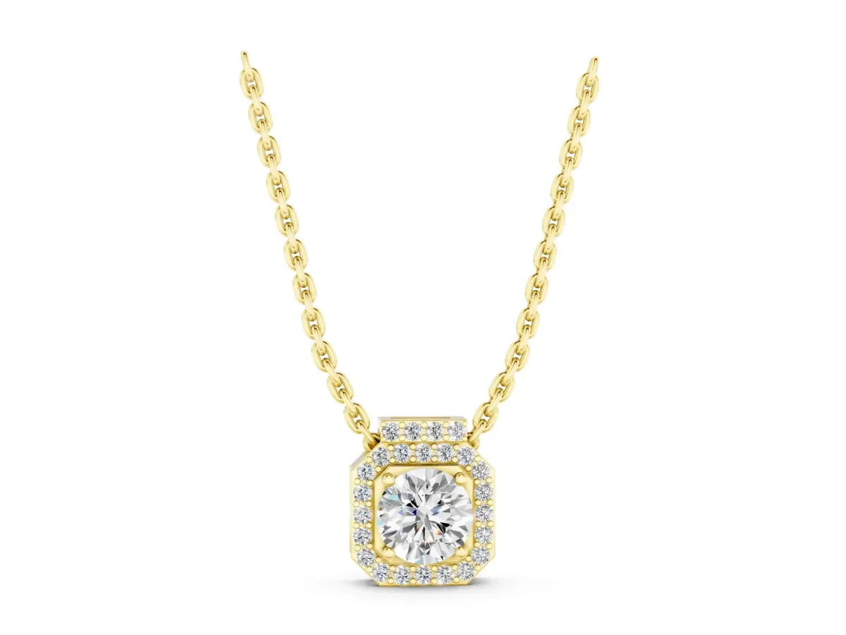 Round Halo Prong-Set Diamond Pendant Yellow gold