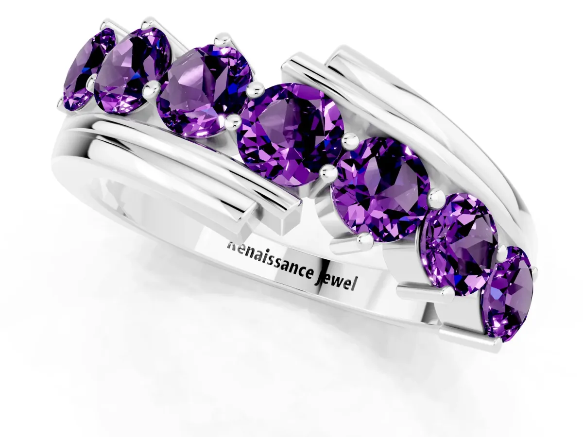 Round Amethyst Wave Band with Channel and Shared Prong Setting Platinum