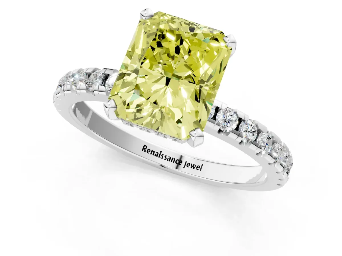 Fancy Yellow Radiant Cut Diamond Solitaire Ring with Round Pavé Band and Four-Prong Setting Silver