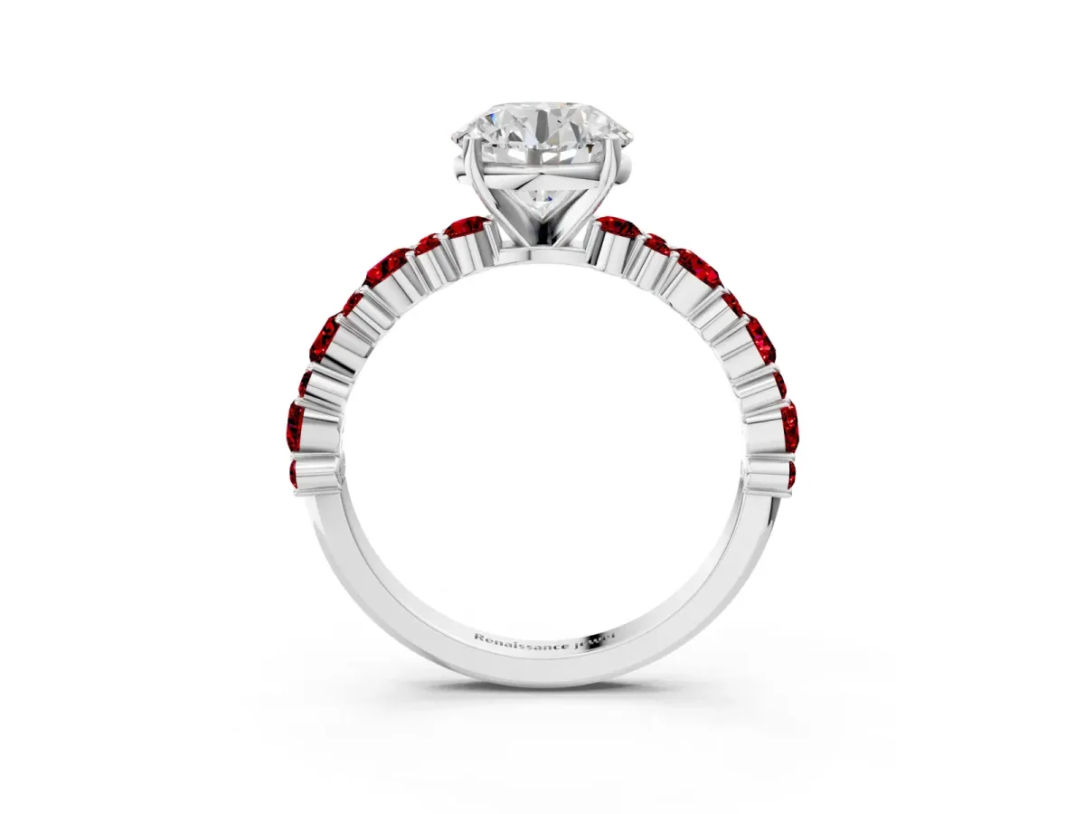 Round Cut Diamond Side Stone Solitaire Ring with Round Tanzanite and Four-Prong Setting Silver