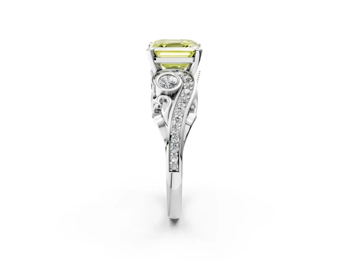 Fancy Yellow Asscher Cut Diamond Solitaire Ring with Milgrain Pavé Band and Four-Prong Setting Silver
