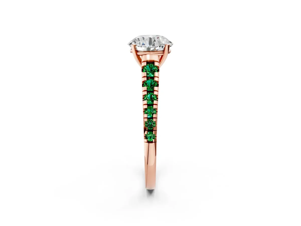 Round Cut Diamond Cathedral Solitaire Ring with Round Emerald Pavé Band Rose gold