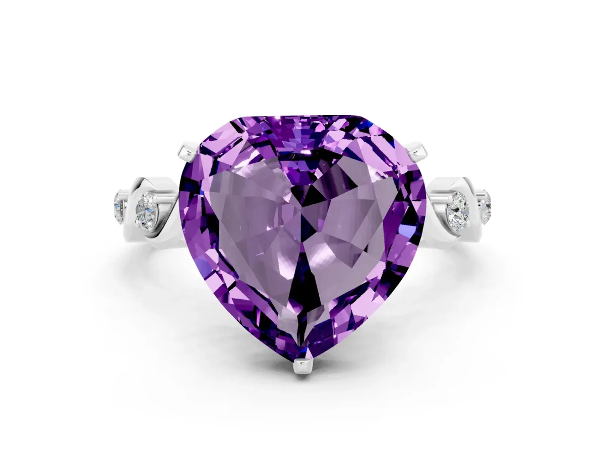 Heart Cut Amethyst Solitaire Twisted Band with Round Accents and Prong Setting Silver