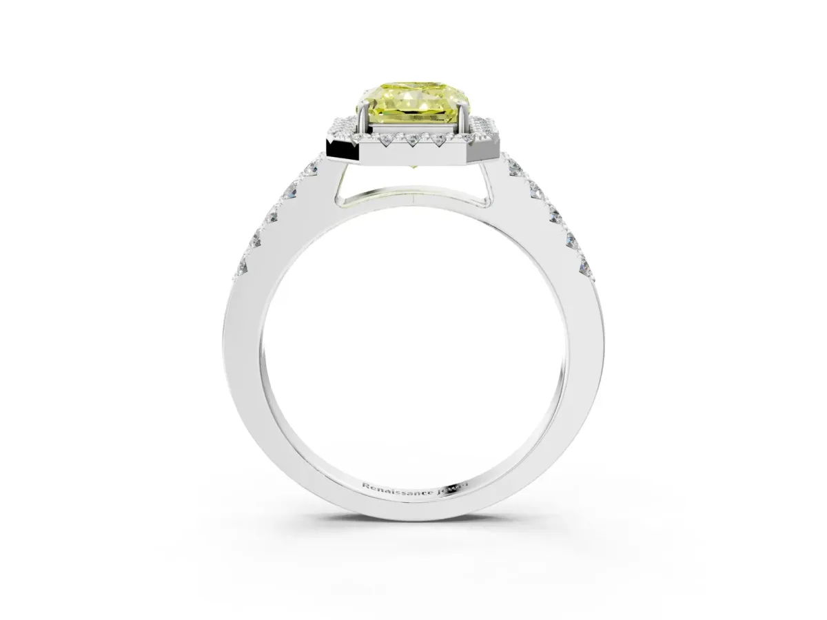 Fancy Yellow Radiant Cut Halo Diamond Pavé Solitaire Ring Platinum