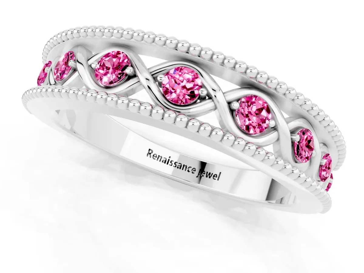 Round Pink Sapphire Twist Milgrain Band with Bezel Setting Silver
