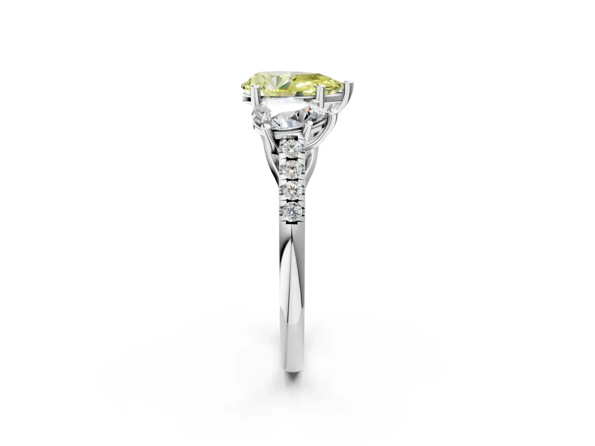Fancy Yellow Three-Stone Pear Cut Diamond Ring with Round Pavé Band and Prong Setting Silver