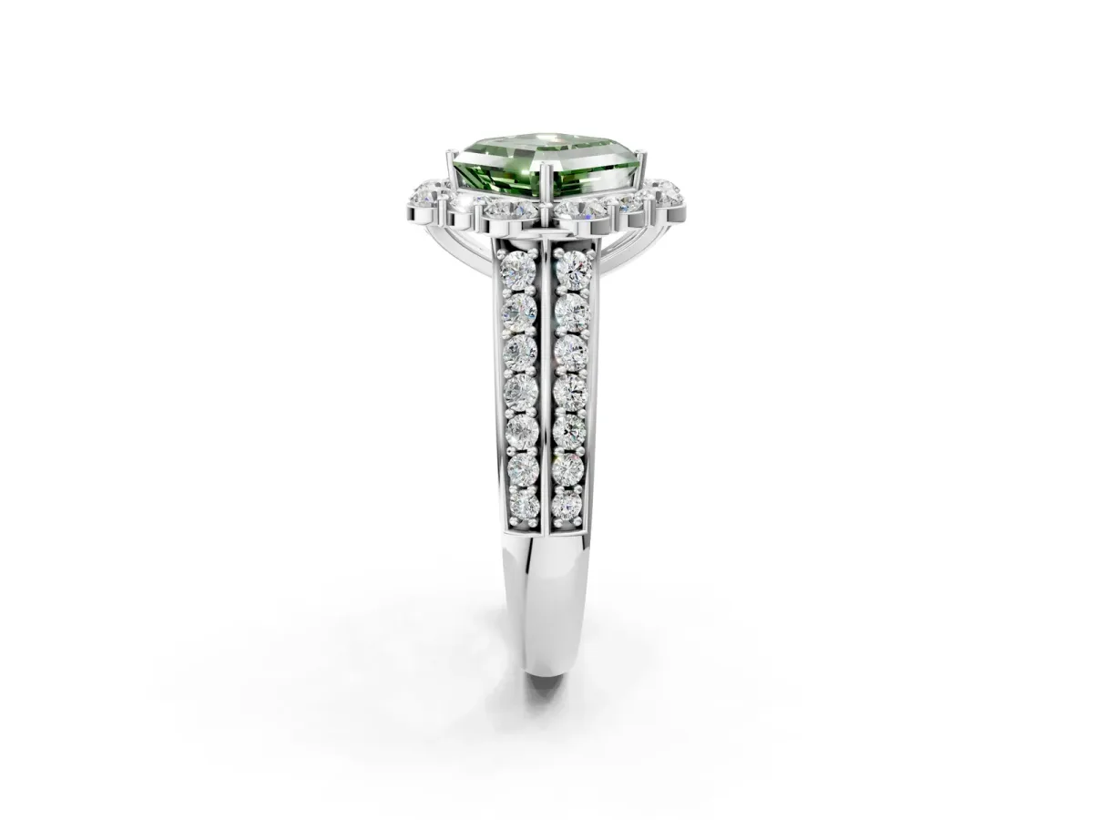 Fancy Green Asscher Cut Halo Diamond Engagement Ring with Split Shank and Prong Setting Platinum